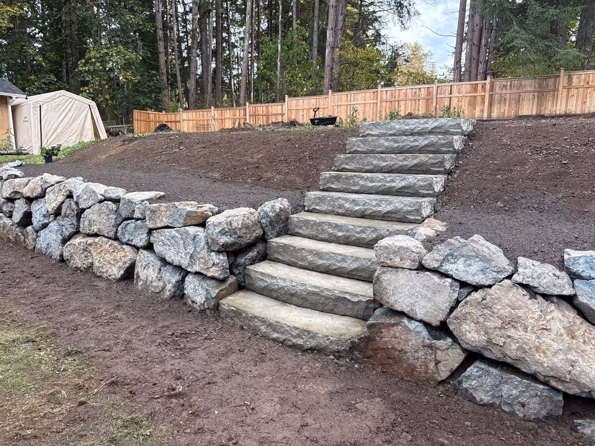 Allan Block retaining wall on a steep Departure Bay lot