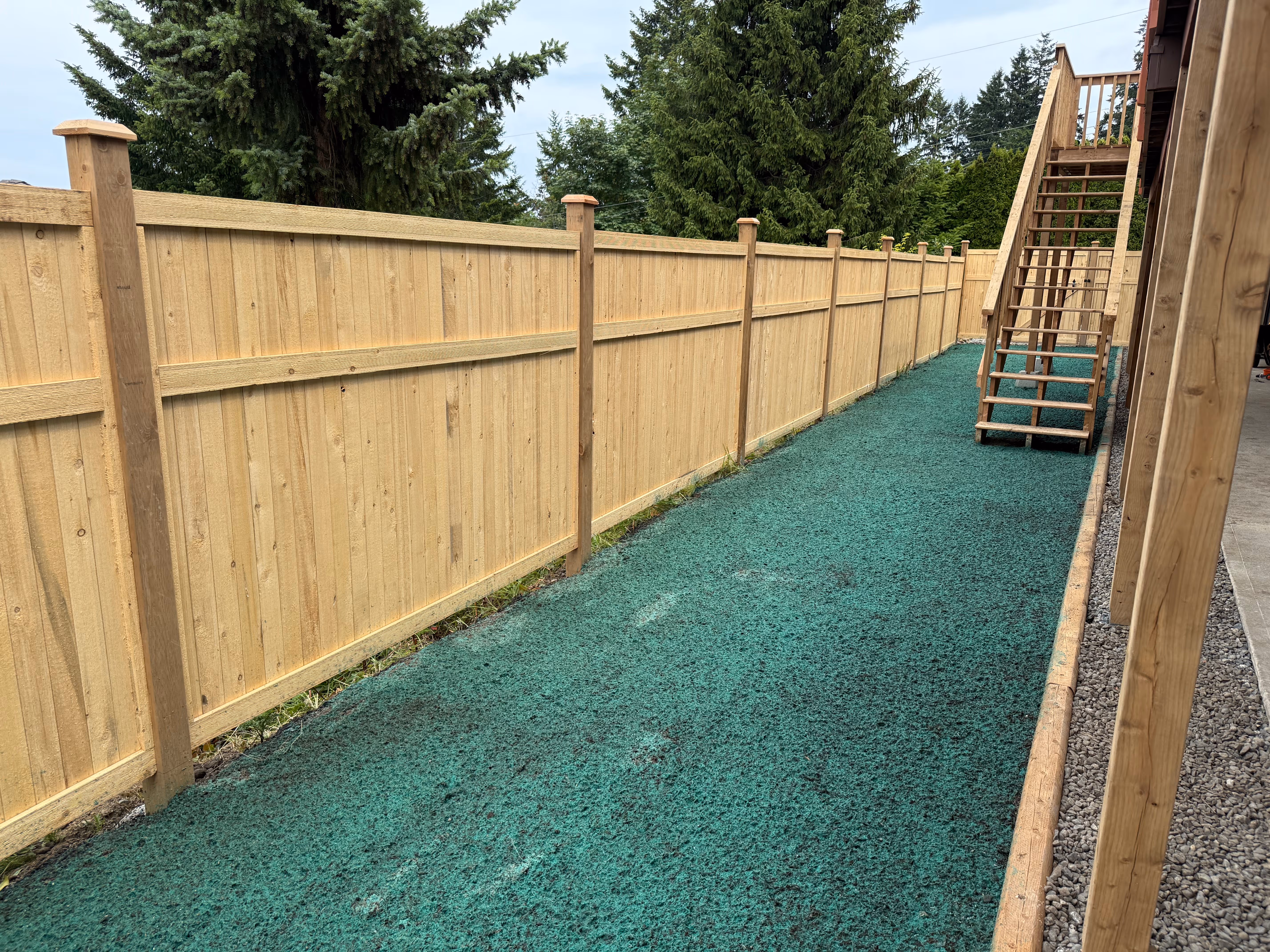 Cedar privacy fence along a rubber play path in Nanaimo