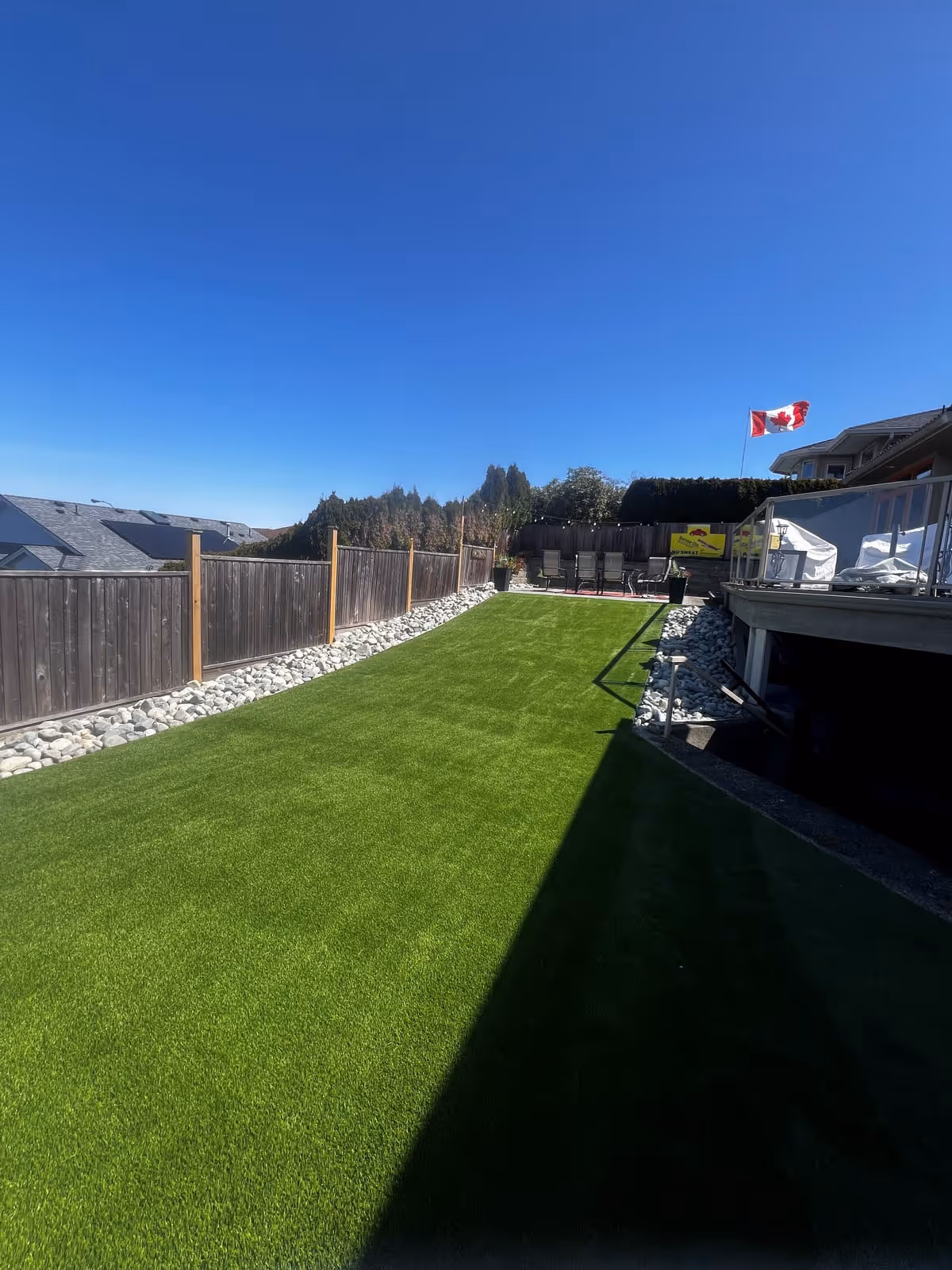 Artificial turf backyard with a river rock border